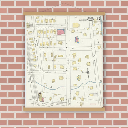 Old map wall art mockup — magnetic wood frame on brick wall — Sanborn Fire Insurance Map from Nyack, Rockland County, New York. (1919), Sheet #0017