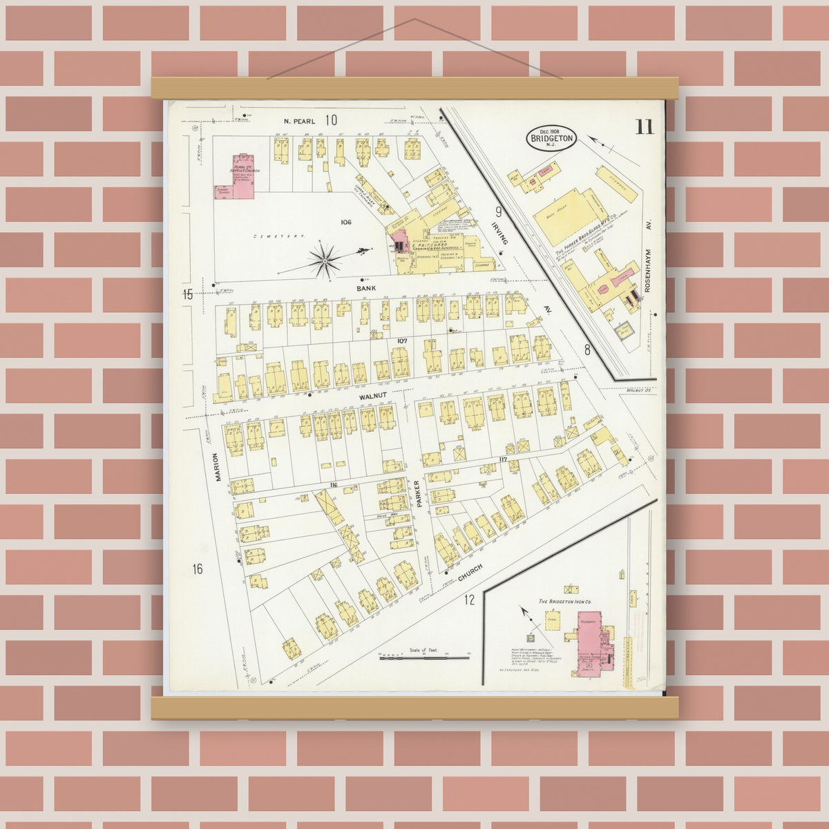 Old map wall art mockup — magnetic wood frame on brick wall — Sanborn Fire Insurance Map from Bridgeton, Cumberland County, New Jersey (1908), Sheet #0011