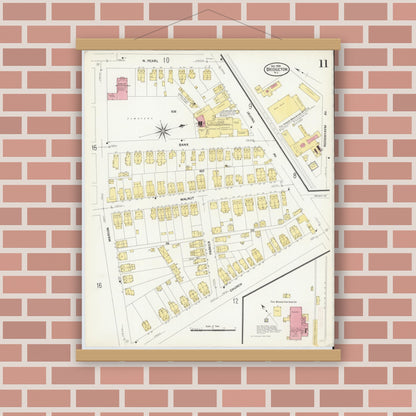 Old map wall art mockup — magnetic wood frame on brick wall — Sanborn Fire Insurance Map from Bridgeton, Cumberland County, New Jersey (1908), Sheet #0011