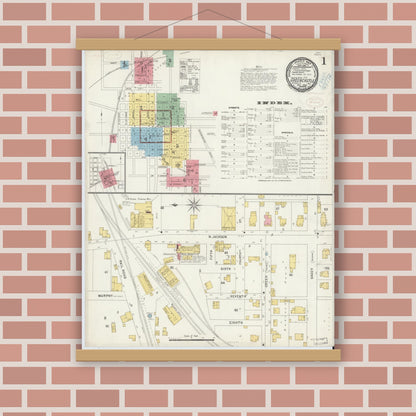 Old map wall art mockup — magnetic wood frame on brick wall — Sanborn Fire Insurance Map from Greencastle, Putnam County, Indiana (1898), Sheet #0001