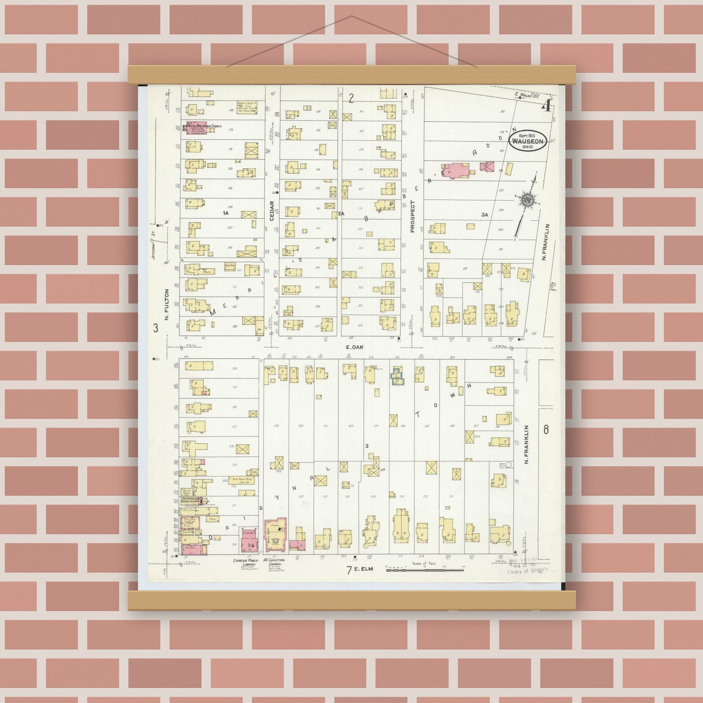 Old map wall art mockup — magnetic wood frame on brick wall — Sanborn Fire Insurance Map from Wauseon, Fulton County, Ohio (1910), Sheet #0004