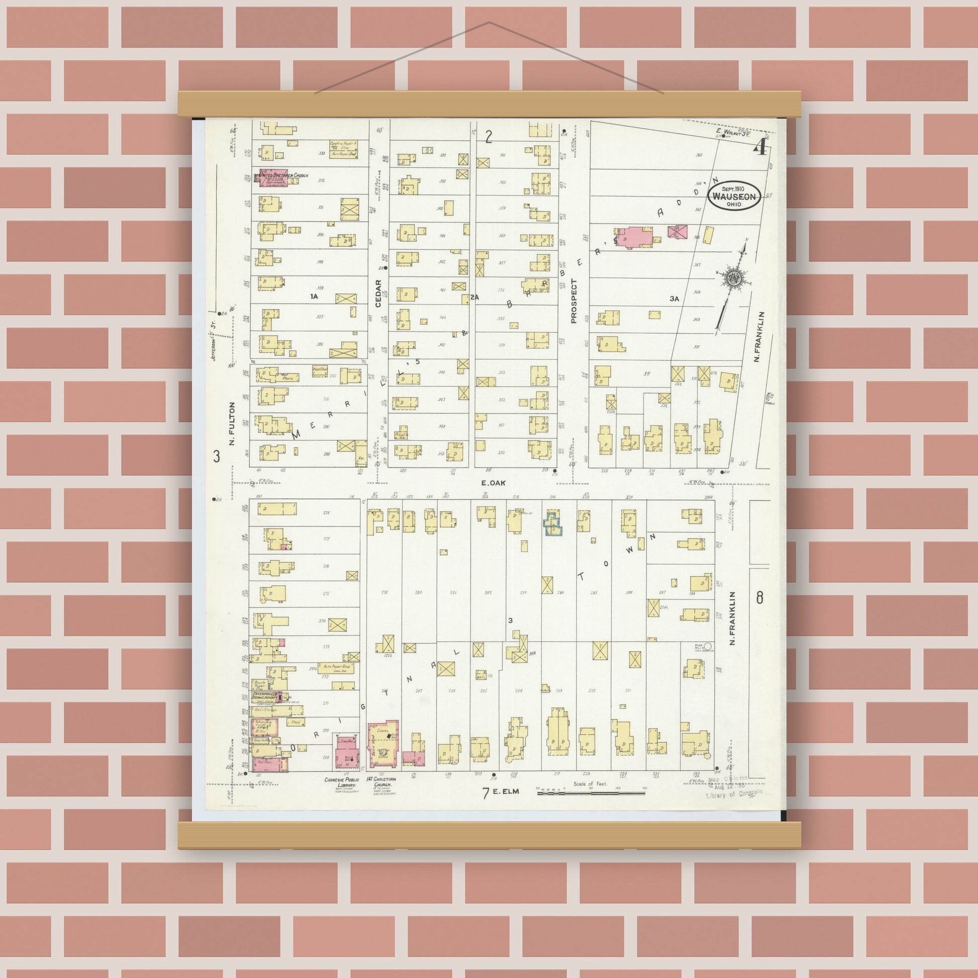 Old map wall art mockup — magnetic wood frame on brick wall — Sanborn Fire Insurance Map from Wauseon, Fulton County, Ohio (1910), Sheet #0004
