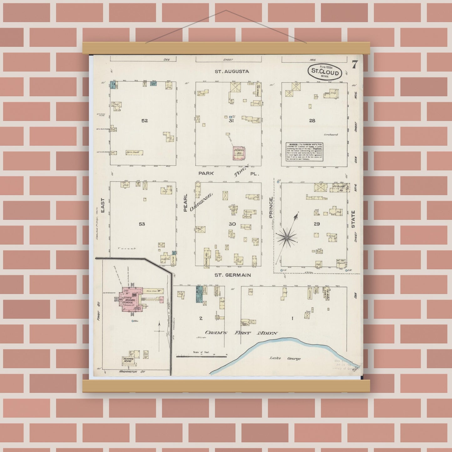 Old map wall art mockup — magnetic wood frame on brick wall — Sanborn Fire Insurance Map from Saint Cloud, Stearns, Benton, and Sherburne Counties, Minnesota (1884), Sheet #0007