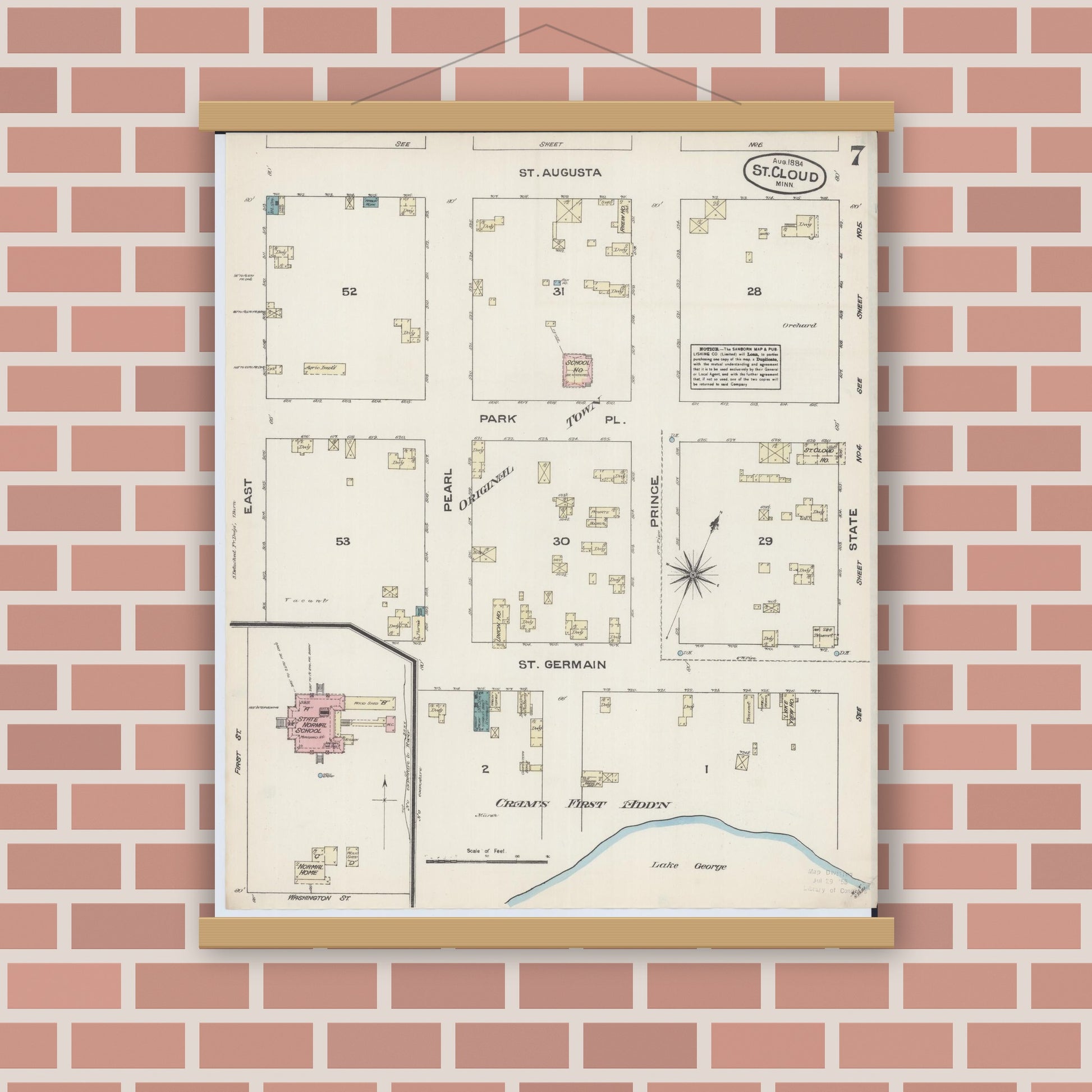 Old map wall art mockup — magnetic wood frame on brick wall — Sanborn Fire Insurance Map from Saint Cloud, Stearns, Benton, and Sherburne Counties, Minnesota (1884), Sheet #0007