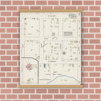 Old map wall art mockup — magnetic wood frame on brick wall — Sanborn Fire Insurance Map from Saint Cloud, Stearns, Benton, and Sherburne Counties, Minnesota (1884), Sheet #0007