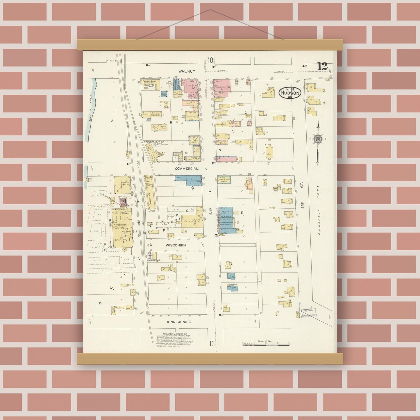 Old map wall art mockup — magnetic wood frame on brick wall — Sanborn Fire Insurance Map from Hudson, St. Croix County, Wisconsin (1912), Sheet #0012