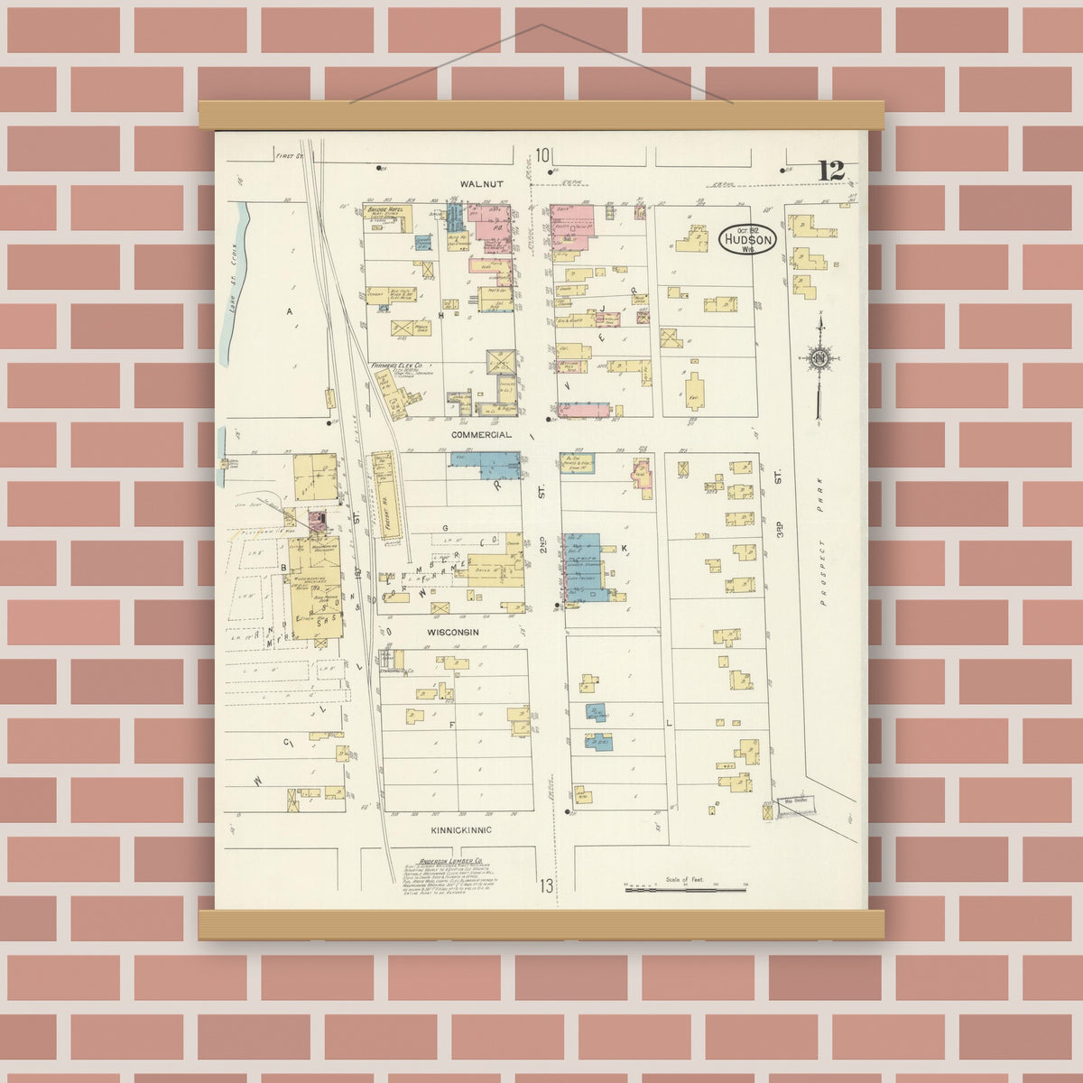 Old map wall art mockup — magnetic wood frame on brick wall — Sanborn Fire Insurance Map from Hudson, St. Croix County, Wisconsin (1912), Sheet #0012