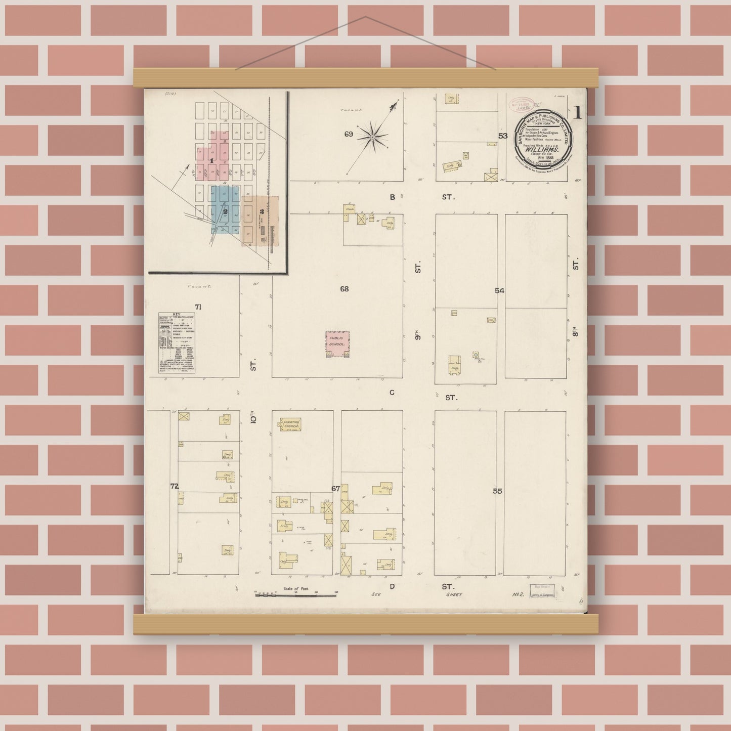 Old map wall art mockup — magnetic wood frame on brick wall — Sanborn Fire Insurance Map from Williams, Colusa County, California (1889) - Complete Map Set