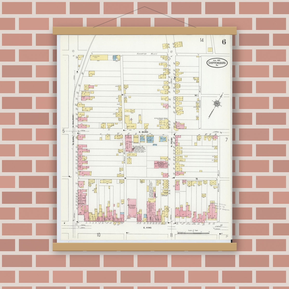 Old map wall art mockup — magnetic wood frame on brick wall — Sanborn Fire Insurance Map from Shippensburg, Cumberland And Franklin Counties, Pennsylvania (1910), Sheet #0006