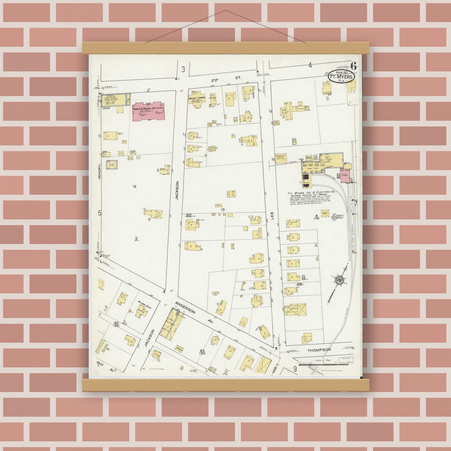 Old map wall art mockup — magnetic wood frame on brick wall — Sanborn Fire Insurance Map from Fort Myers, Lee County, Florida (1917), Sheet #0006