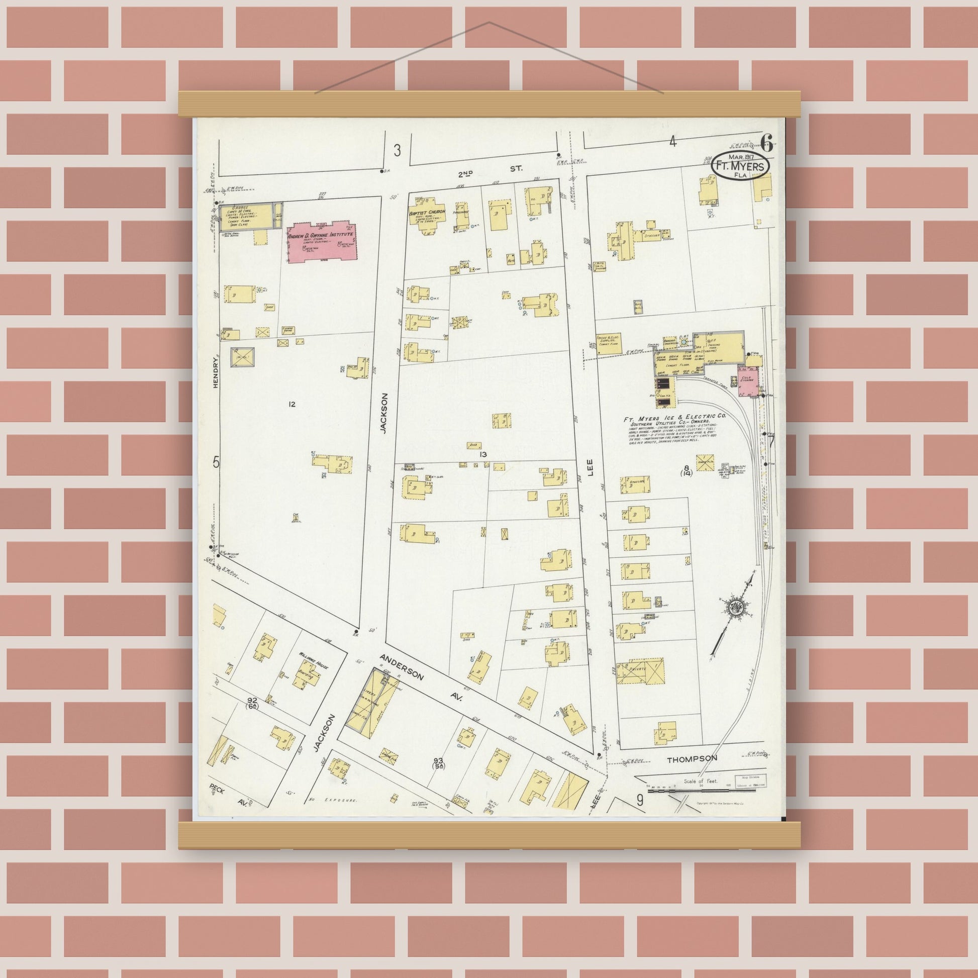 Old map wall art mockup — magnetic wood frame on brick wall — Sanborn Fire Insurance Map from Fort Myers, Lee County, Florida (1917), Sheet #0006