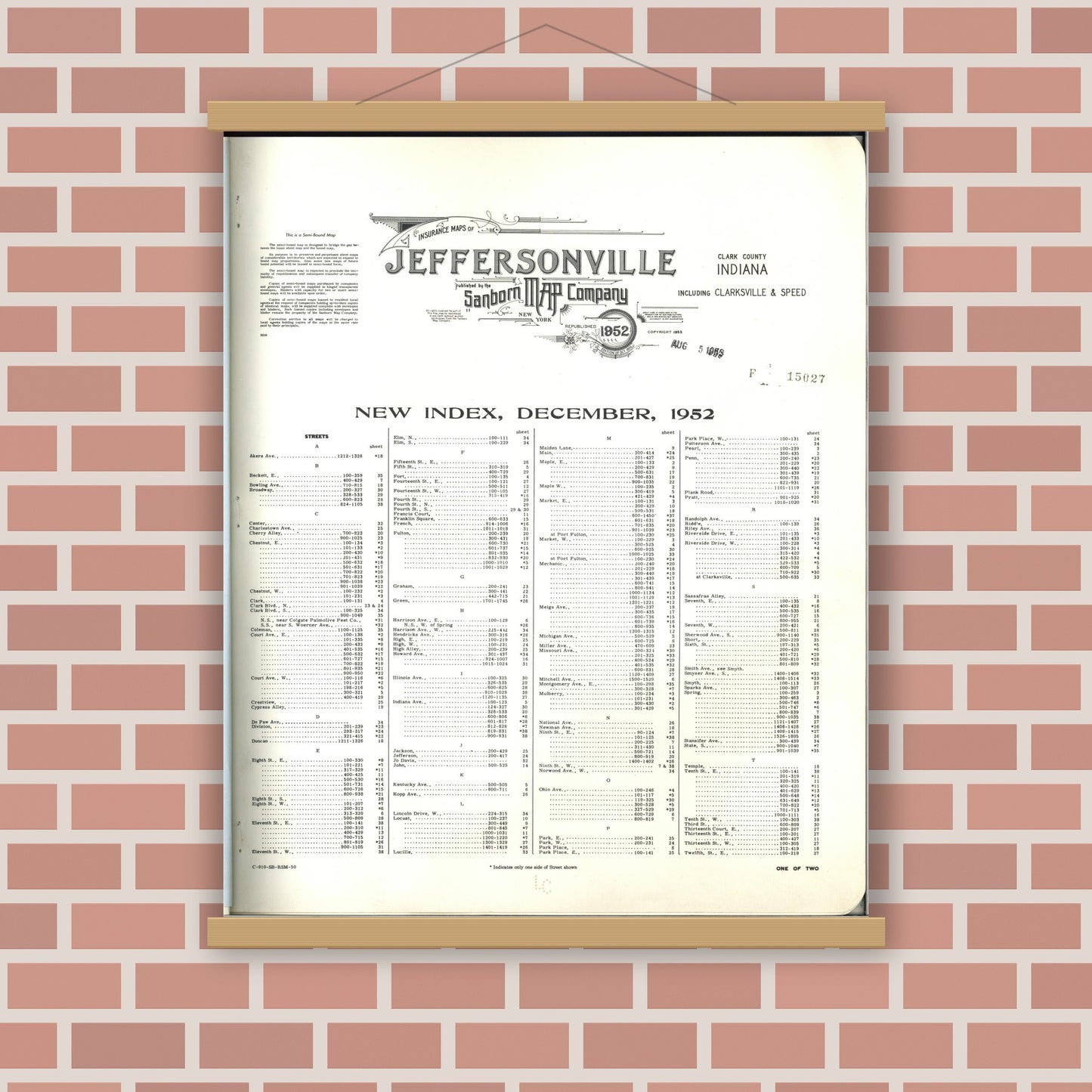 Old map wall art mockup — magnetic wood frame on brick wall — Sanborn Fire Insurance Map from Jeffersonville, Clark County, Indiana (1952), Sheet #0001
