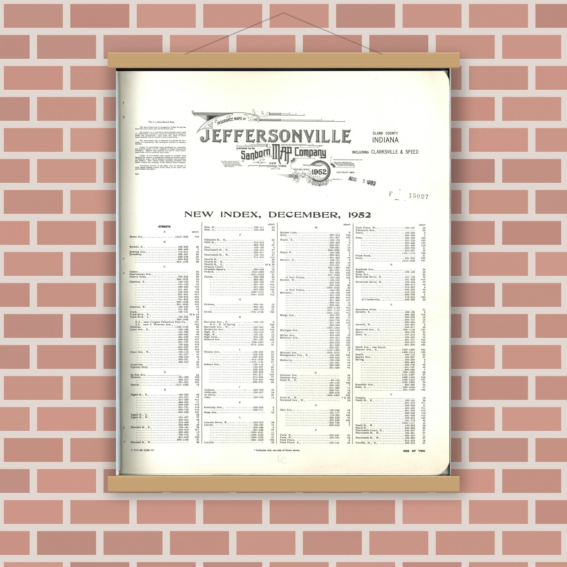 Old map wall art mockup — magnetic wood frame on brick wall — Sanborn Fire Insurance Map from Jeffersonville, Clark County, Indiana (1952), Sheet #0001