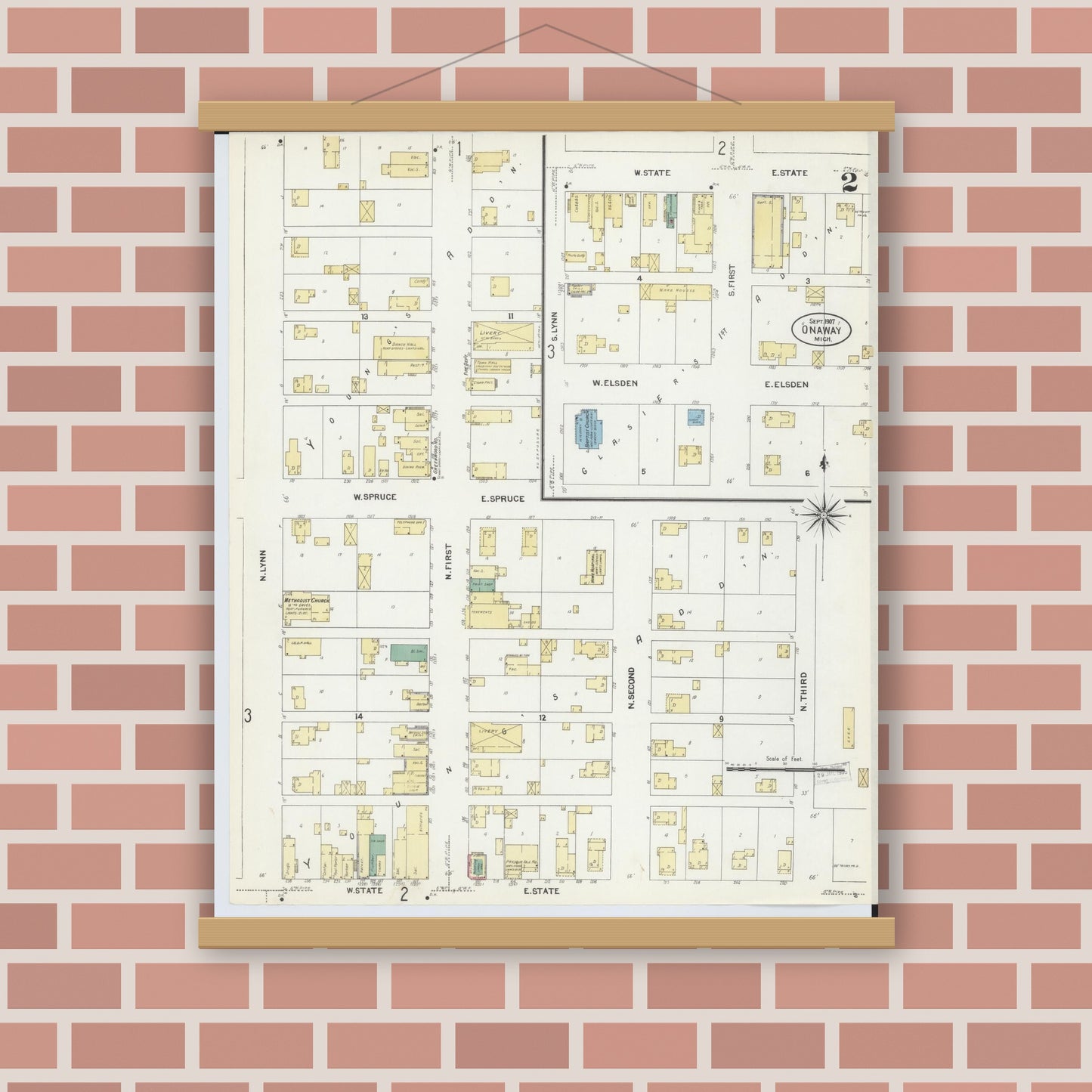 Old map wall art mockup — magnetic wood frame on brick wall — Sanborn Fire Insurance Map from Onaway, Presque Isle County, Michigan (1907), Sheet #0002