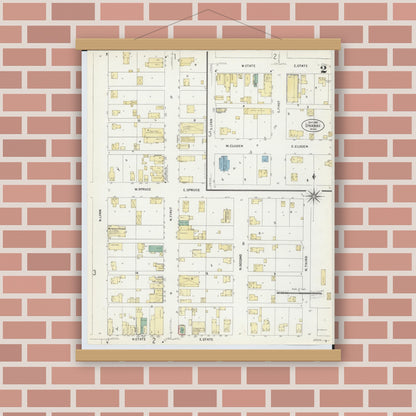 Old map wall art mockup — magnetic wood frame on brick wall — Sanborn Fire Insurance Map from Onaway, Presque Isle County, Michigan (1907), Sheet #0002