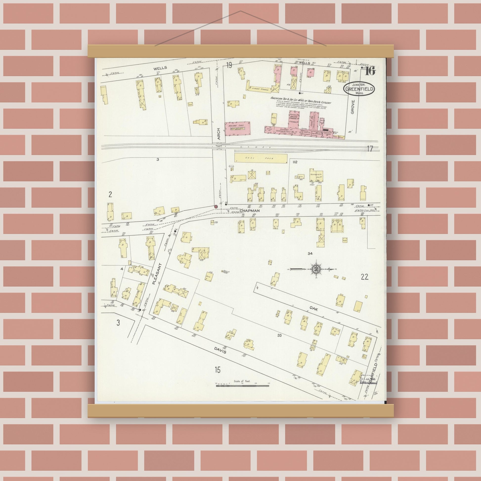 Old map wall art mockup — magnetic wood frame on brick wall — Sanborn Fire Insurance Map from Greenfield, Franklin County, Massachusetts (1914), Sheet #0016