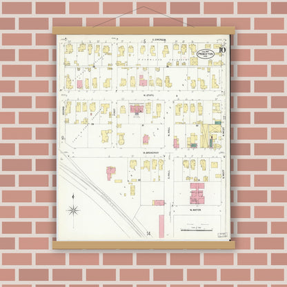 Old map wall art mockup — magnetic wood frame on brick wall — Sanborn Fire Insurance Map from Princeton, Gibson County, Indiana (1907), Sheet #0010