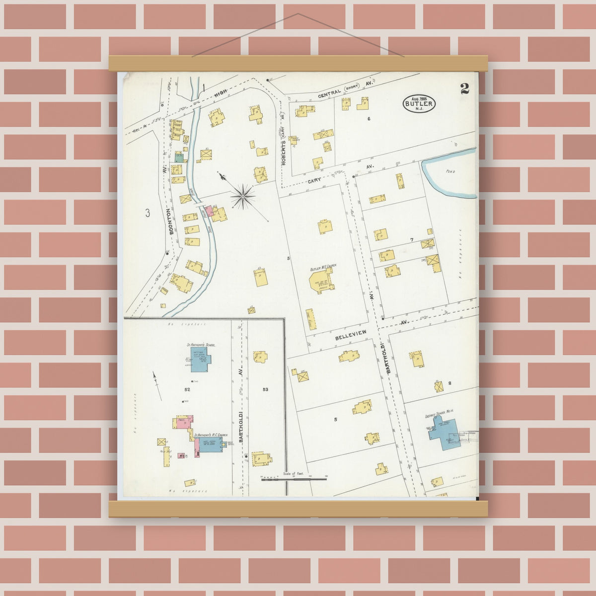Old map wall art mockup — magnetic wood frame on brick wall — Sanborn Fire Insurance Map from Butler, Morris County, New Jersey (1905), Sheet #0002