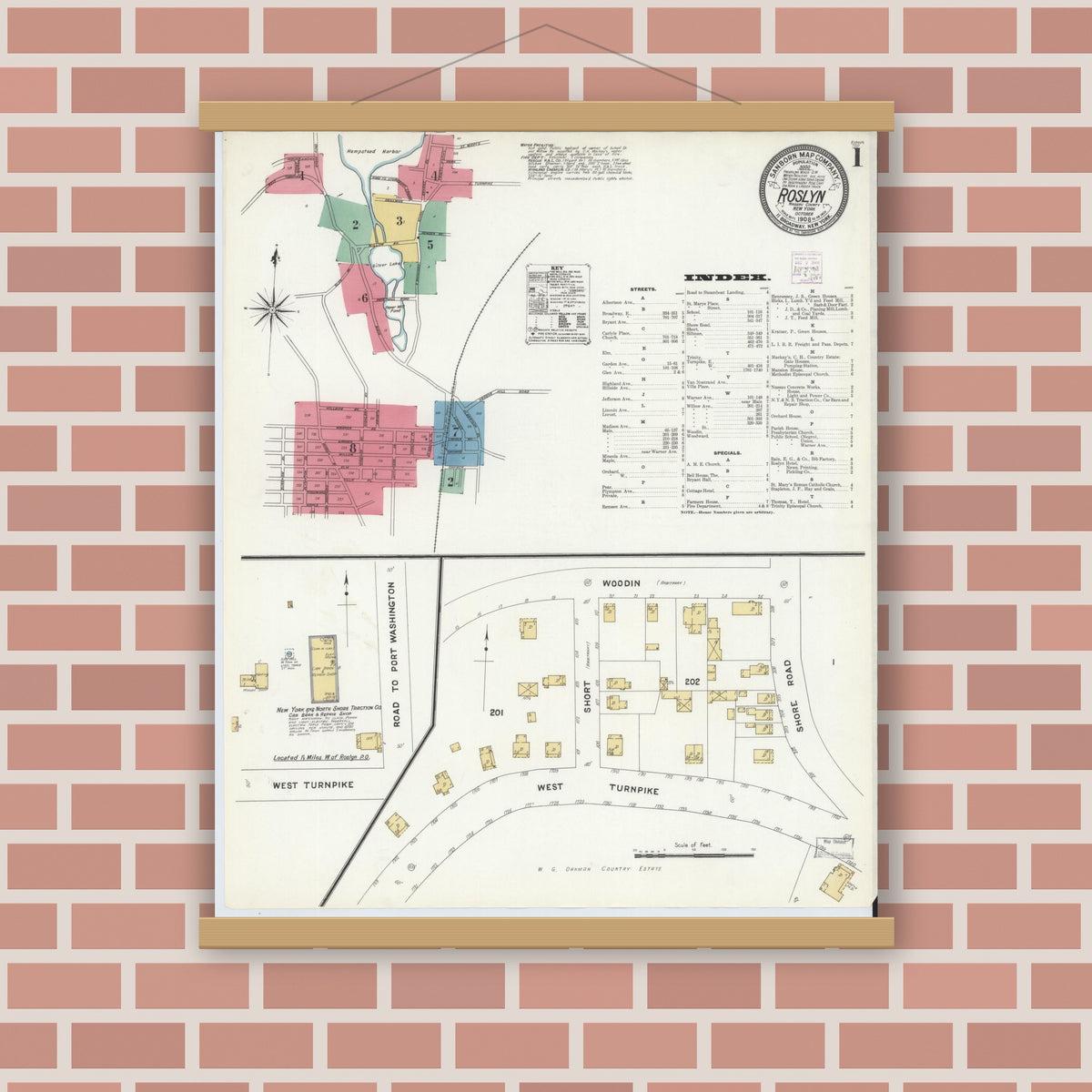 Old map wall art mockup — magnetic wood frame on brick wall — Sanborn Fire Insurance Map from Roslyn, Nassau County, New York (1908) - Complete Map Set