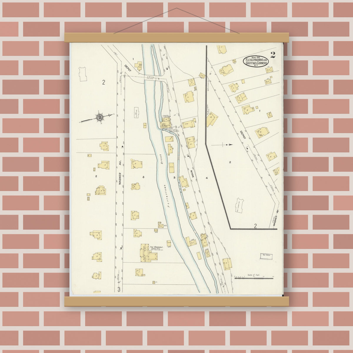 Old map wall art mockup — magnetic wood frame on brick wall — Sanborn Fire Insurance Map from Fleischmanns, Delaware County, New York (1912), Sheet #0002