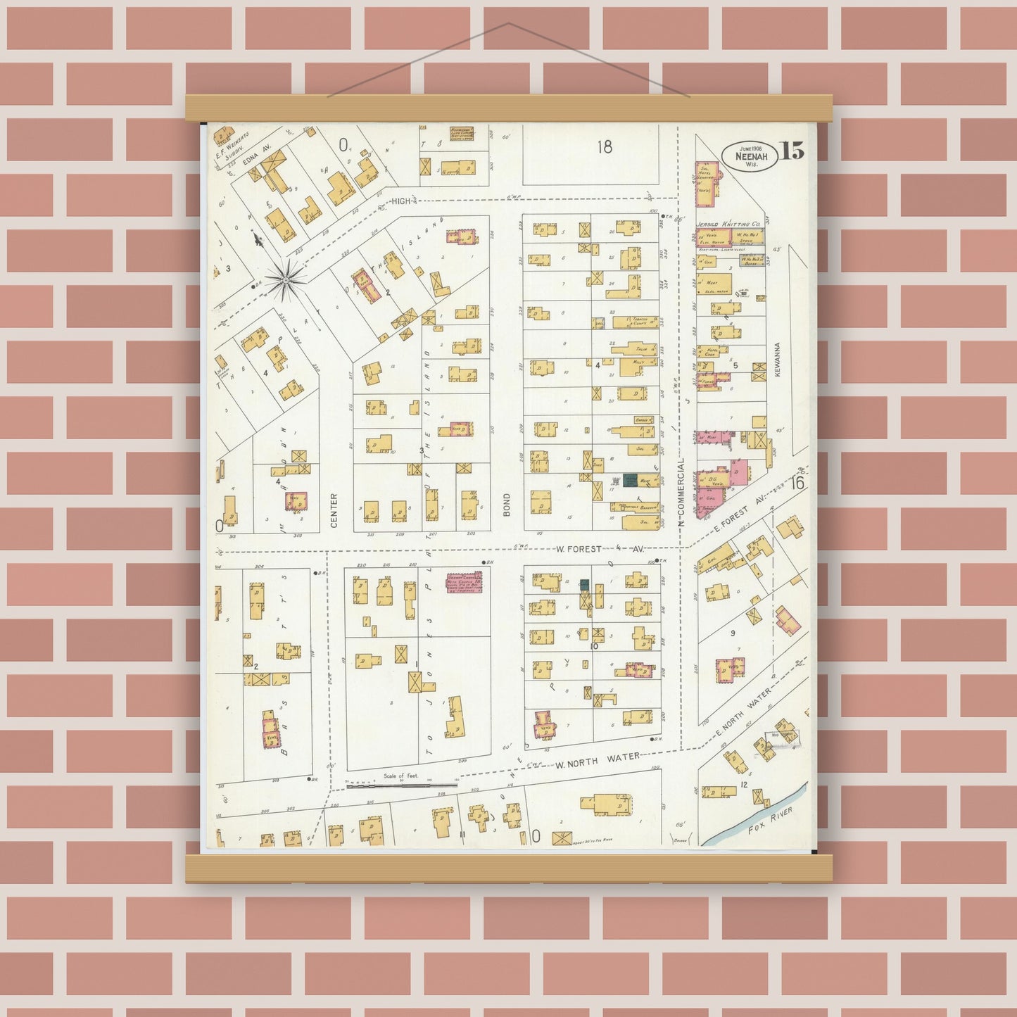 Old map wall art mockup — magnetic wood frame on brick wall — Sanborn Fire Insurance Map from Neenah, Winnebago County, Wisconsin (1906), Sheet #0015