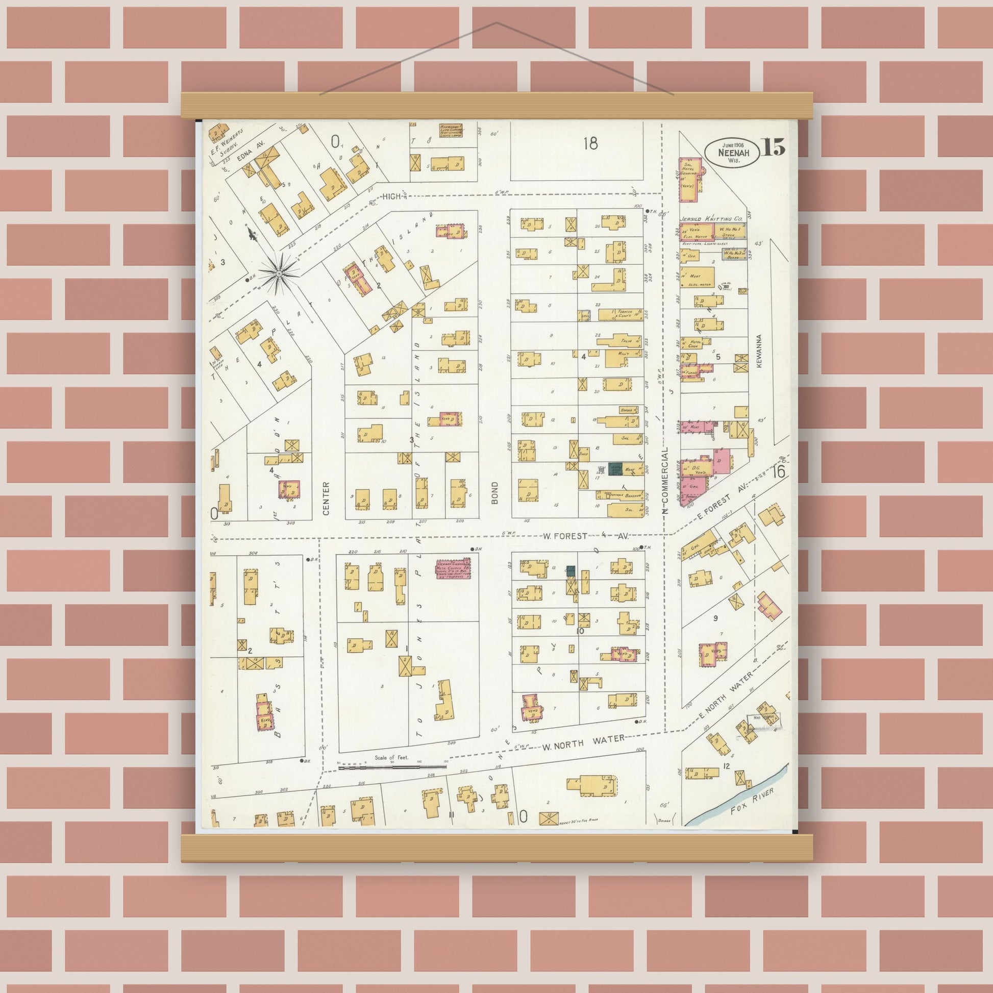 Old map wall art mockup — magnetic wood frame on brick wall — Sanborn Fire Insurance Map from Neenah, Winnebago County, Wisconsin (1906), Sheet #0015