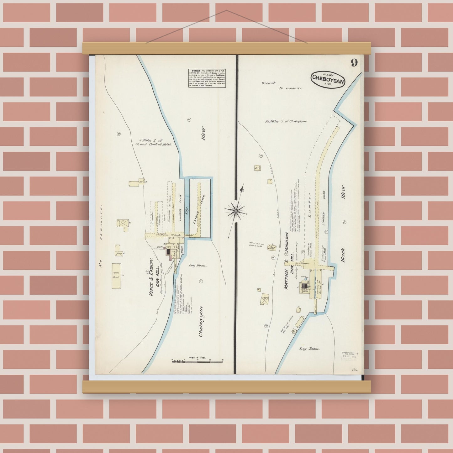 Old map wall art mockup — magnetic wood frame on brick wall — Sanborn Fire Insurance Map from Cheboygan, Cheboygan County, Michigan (1884), Sheet #0009