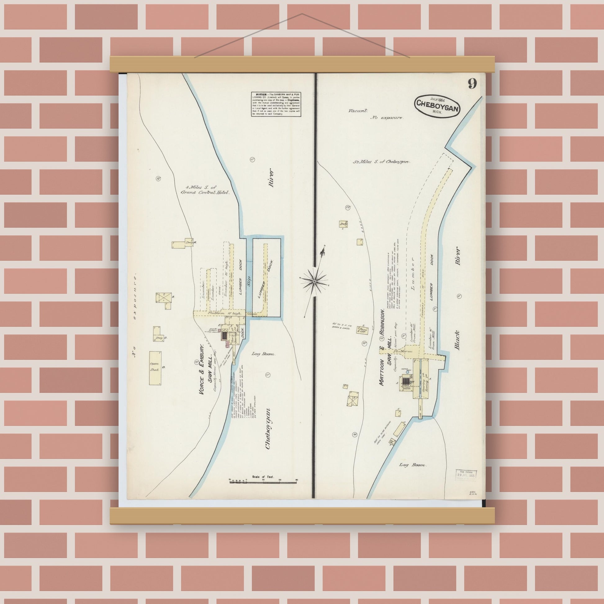 Old map wall art mockup — magnetic wood frame on brick wall — Sanborn Fire Insurance Map from Cheboygan, Cheboygan County, Michigan (1884), Sheet #0009