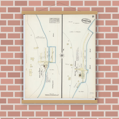 Old map wall art mockup — magnetic wood frame on brick wall — Sanborn Fire Insurance Map from Cheboygan, Cheboygan County, Michigan (1884), Sheet #0009