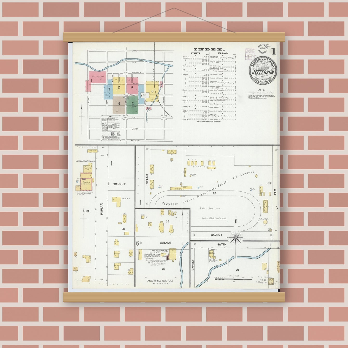 Old map wall art mockup — magnetic wood frame on brick wall — Sanborn Fire Insurance Map from Jefferson, Ashtabula County, Ohio (1902) - Complete Map Set