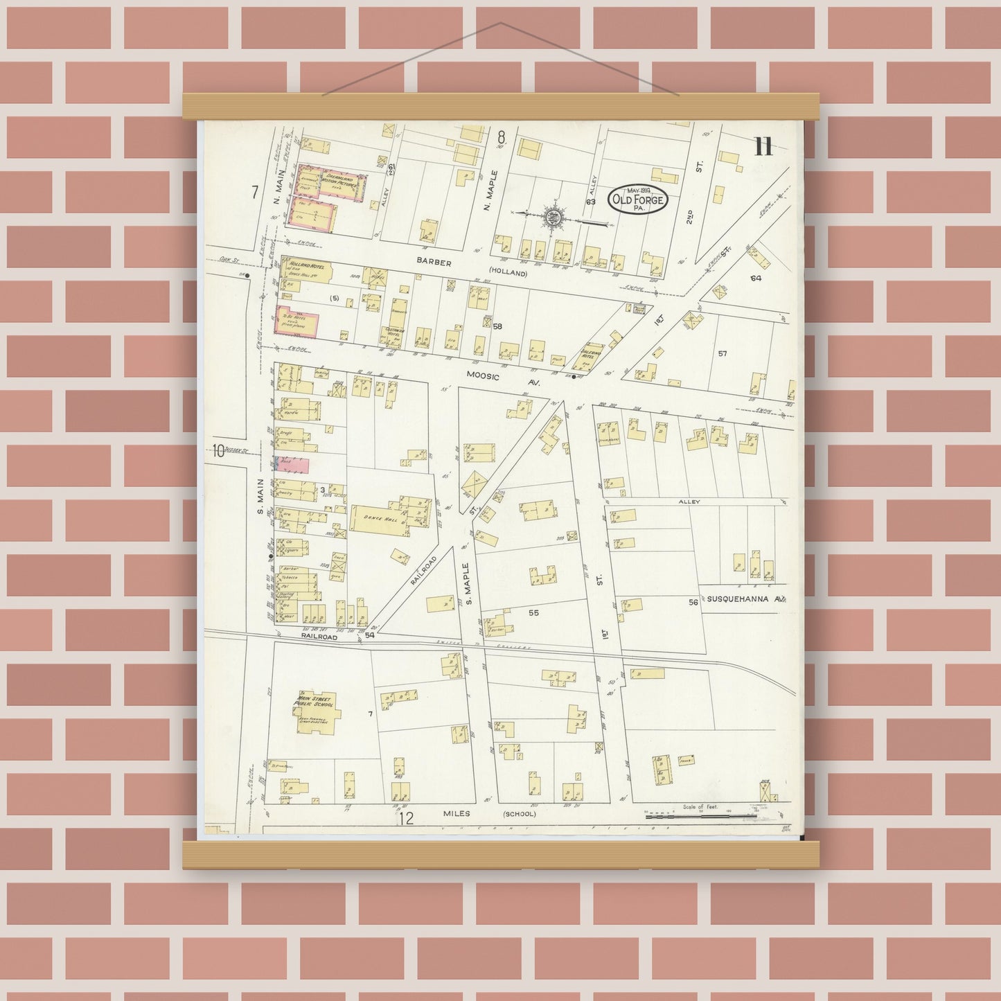 Old map wall art mockup — magnetic wood frame on brick wall — Sanborn Fire Insurance Map from Old Forge, Lackawanna County, Pennsylvania (1914), Sheet #0011