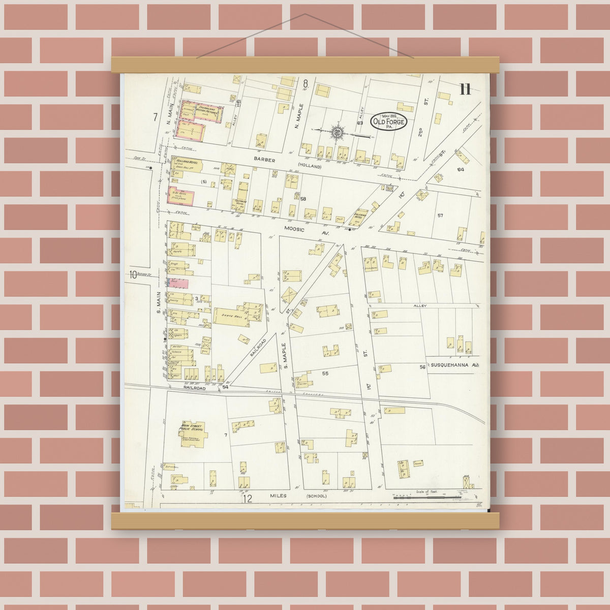 Old map wall art mockup — magnetic wood frame on brick wall — Sanborn Fire Insurance Map from Old Forge, Lackawanna County, Pennsylvania (1914), Sheet #0011