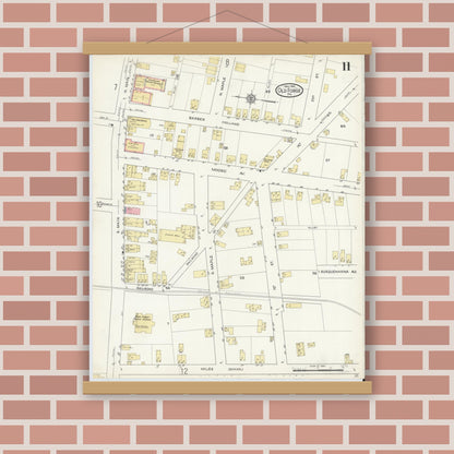 Old map wall art mockup — magnetic wood frame on brick wall — Sanborn Fire Insurance Map from Old Forge, Lackawanna County, Pennsylvania (1914), Sheet #0011