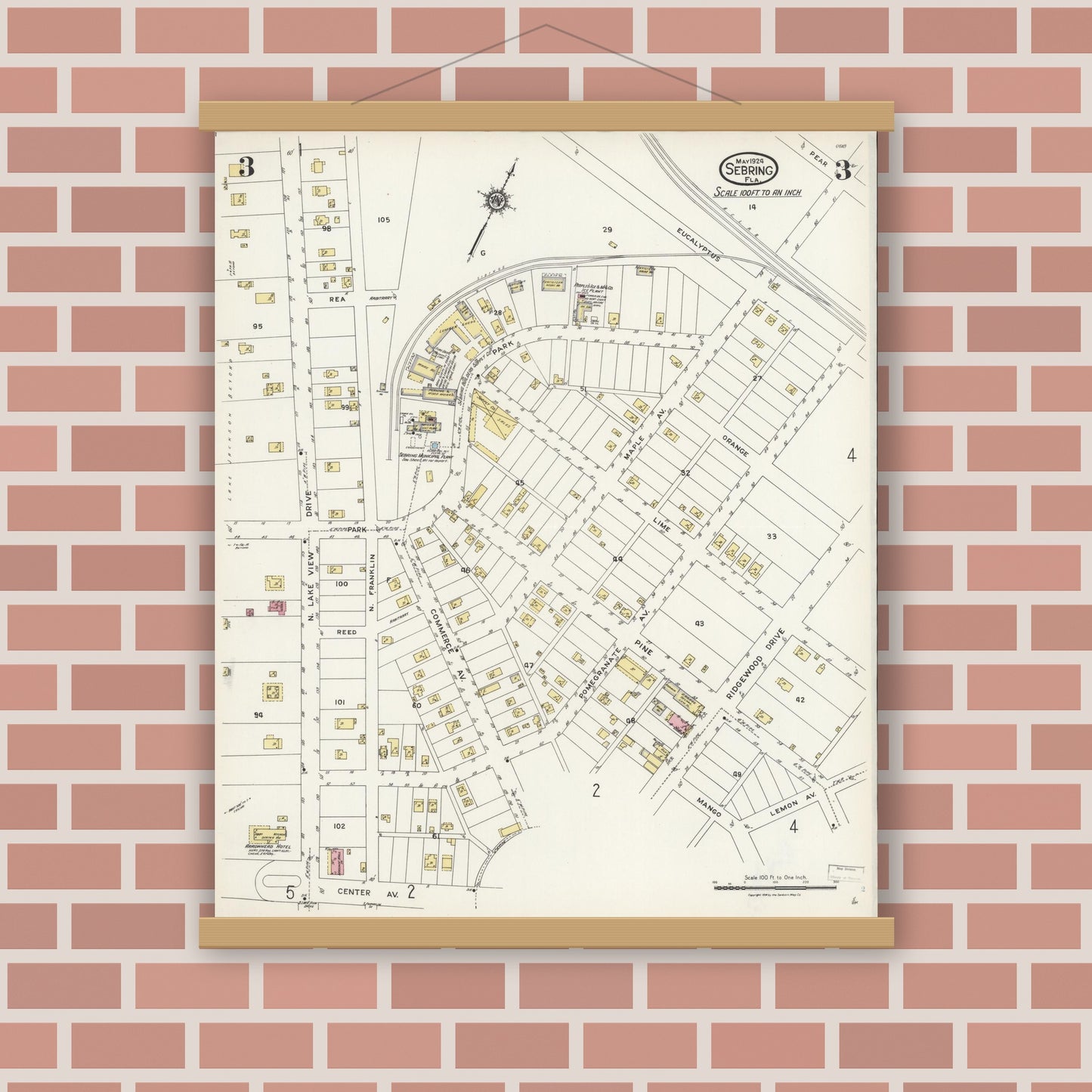 Old map wall art mockup — magnetic wood frame on brick wall — Sanborn Fire Insurance Map from Sebring, Highlands County, Florida (1924), Sheet #0003