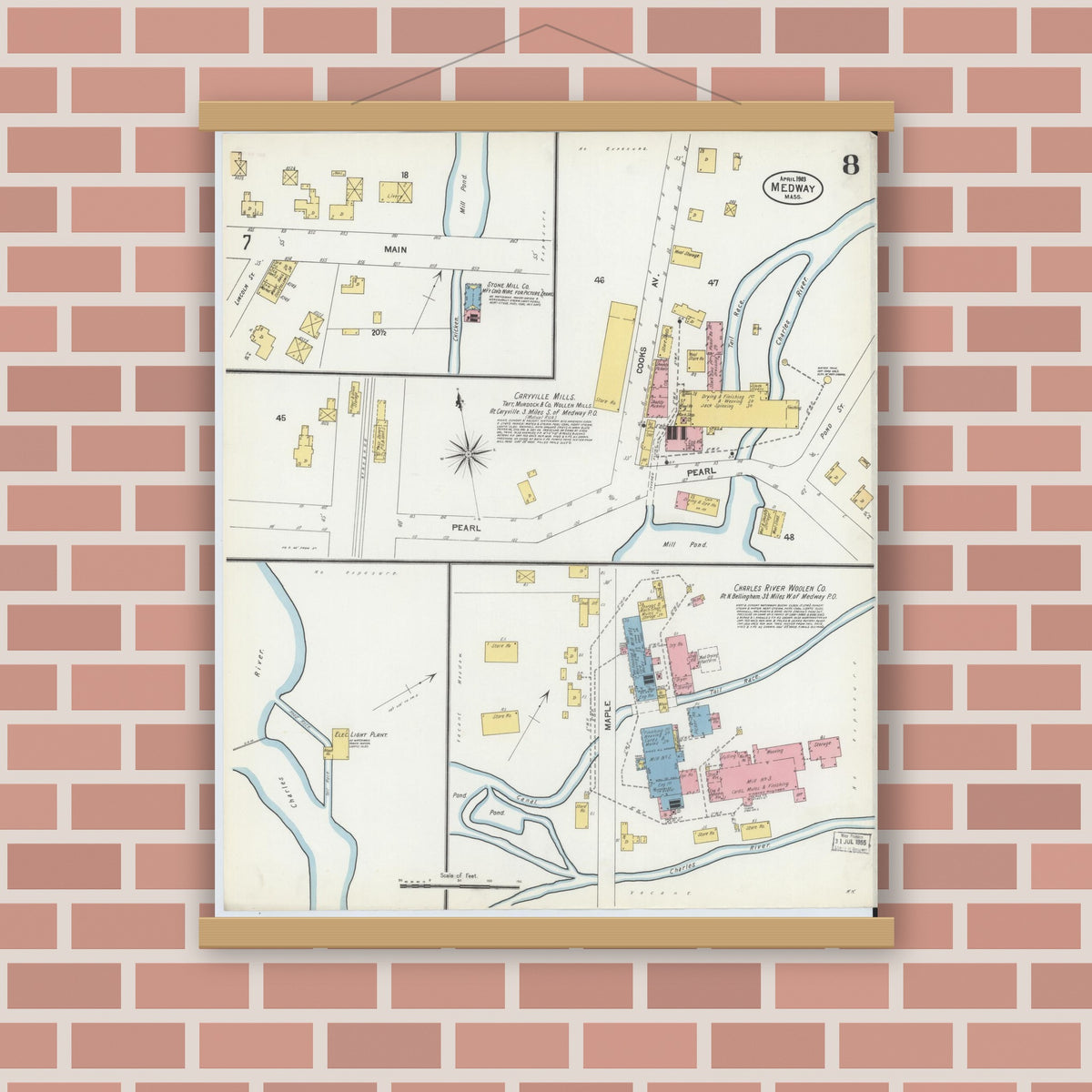 Old map wall art mockup — magnetic wood frame on brick wall — Sanborn Fire Insurance Map from Medway, Norfolk County, Massachusetts (1903), Sheet #0008