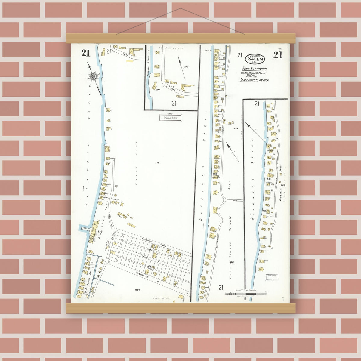 Old map wall art mockup — magnetic wood frame on brick wall — Sanborn Fire Insurance Map from Salem, Salem County, New Jersey (1923), Sheet #0021