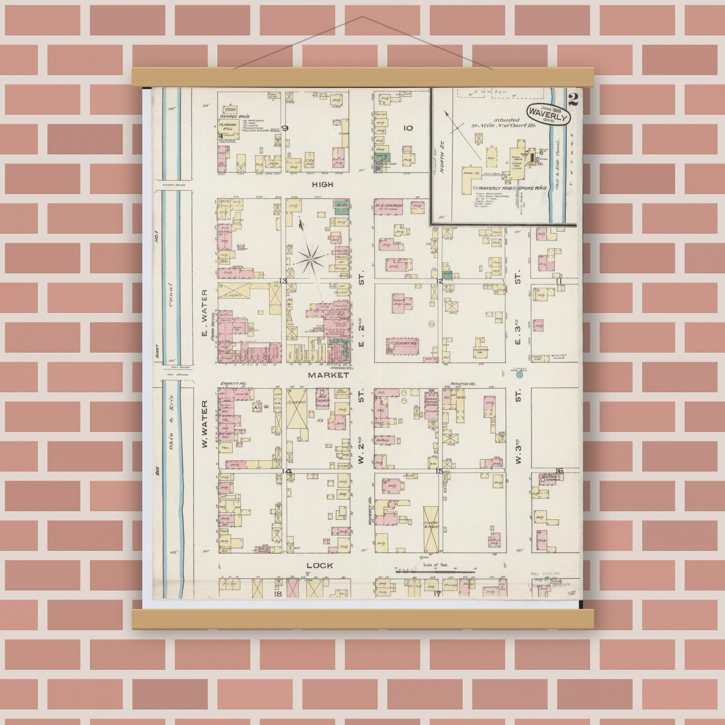 Old map wall art mockup — magnetic wood frame on brick wall — Sanborn Fire Insurance Map from Waverly, Pike County, Ohio (1885), Sheet #0002