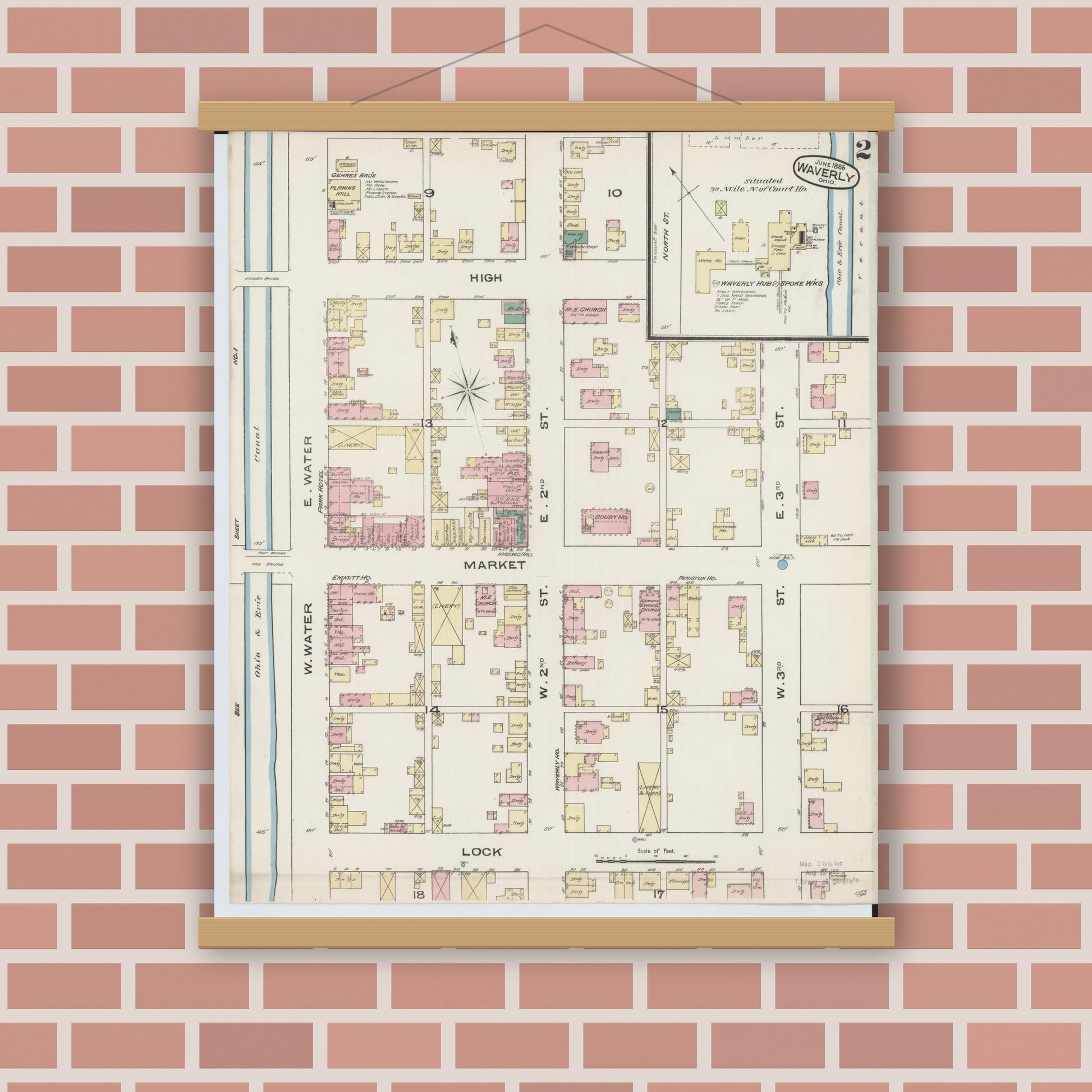 Old map wall art mockup — magnetic wood frame on brick wall — Sanborn Fire Insurance Map from Waverly, Pike County, Ohio (1885), Sheet #0002