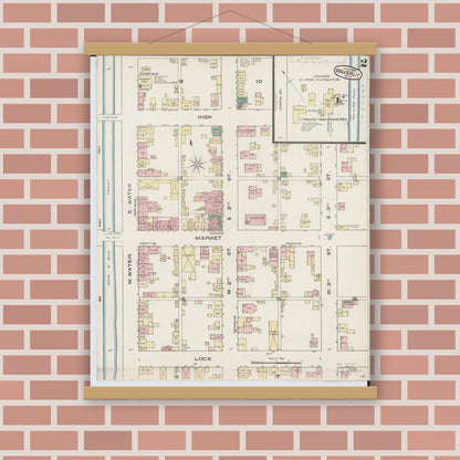Old map wall art mockup — magnetic wood frame on brick wall — Sanborn Fire Insurance Map from Waverly, Pike County, Ohio (1885), Sheet #0002