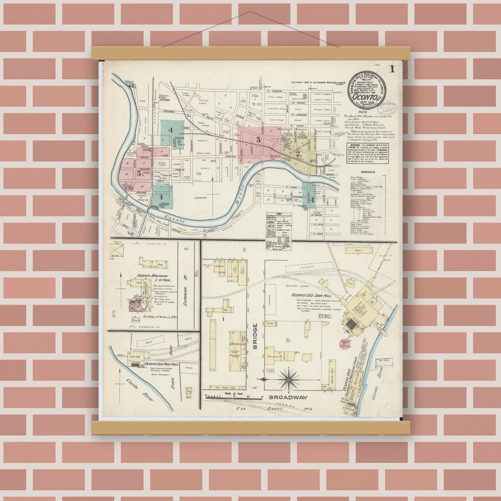 Old map wall art mockup — magnetic wood frame on brick wall — Sanborn Fire Insurance Map from Oconto, Oconto County, Wisconsin (1883), Sheet #0001