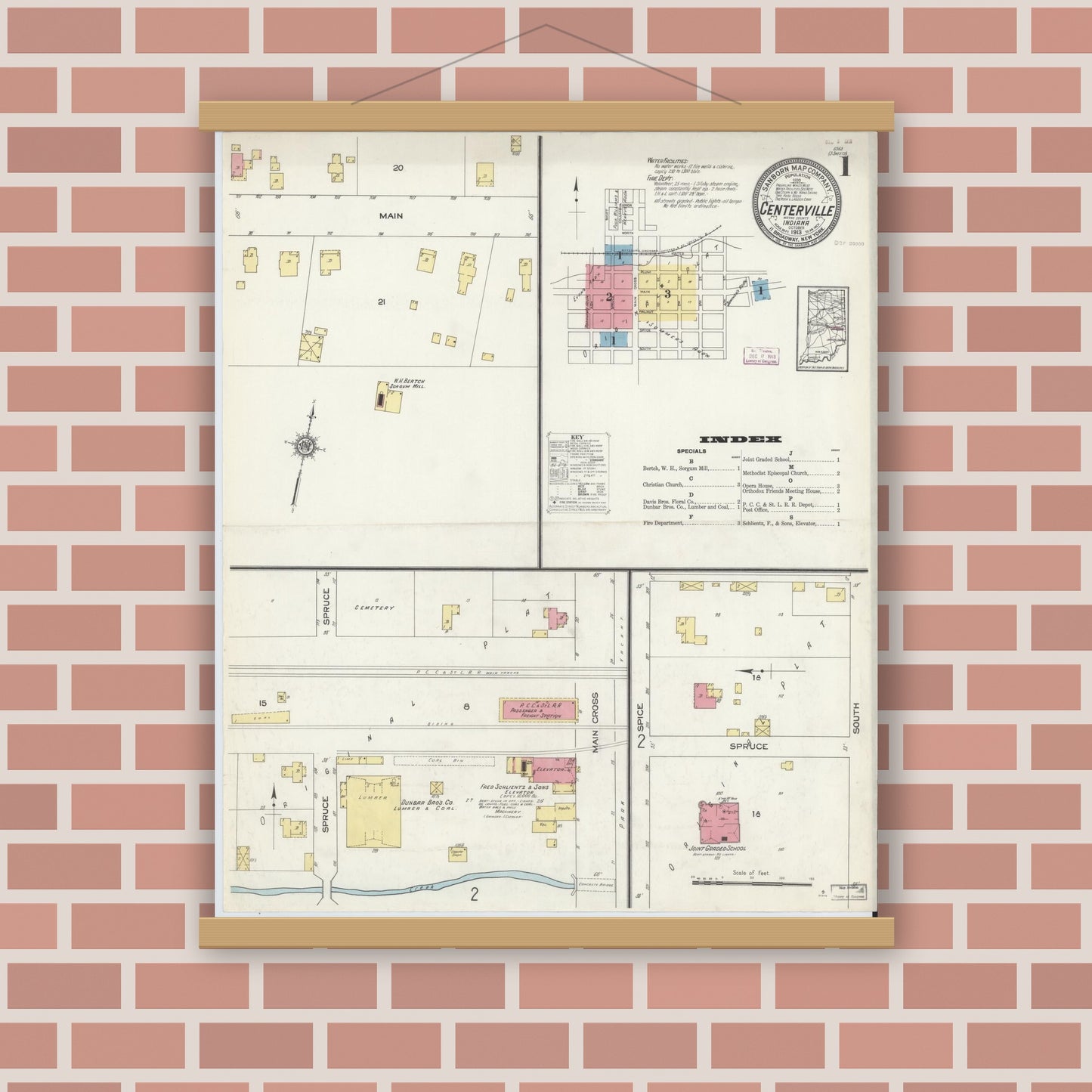 Old map wall art mockup — magnetic wood frame on brick wall — Sanborn Fire Insurance Map from Centerville, Wayne County, Indiana (1913) - Complete Map Set