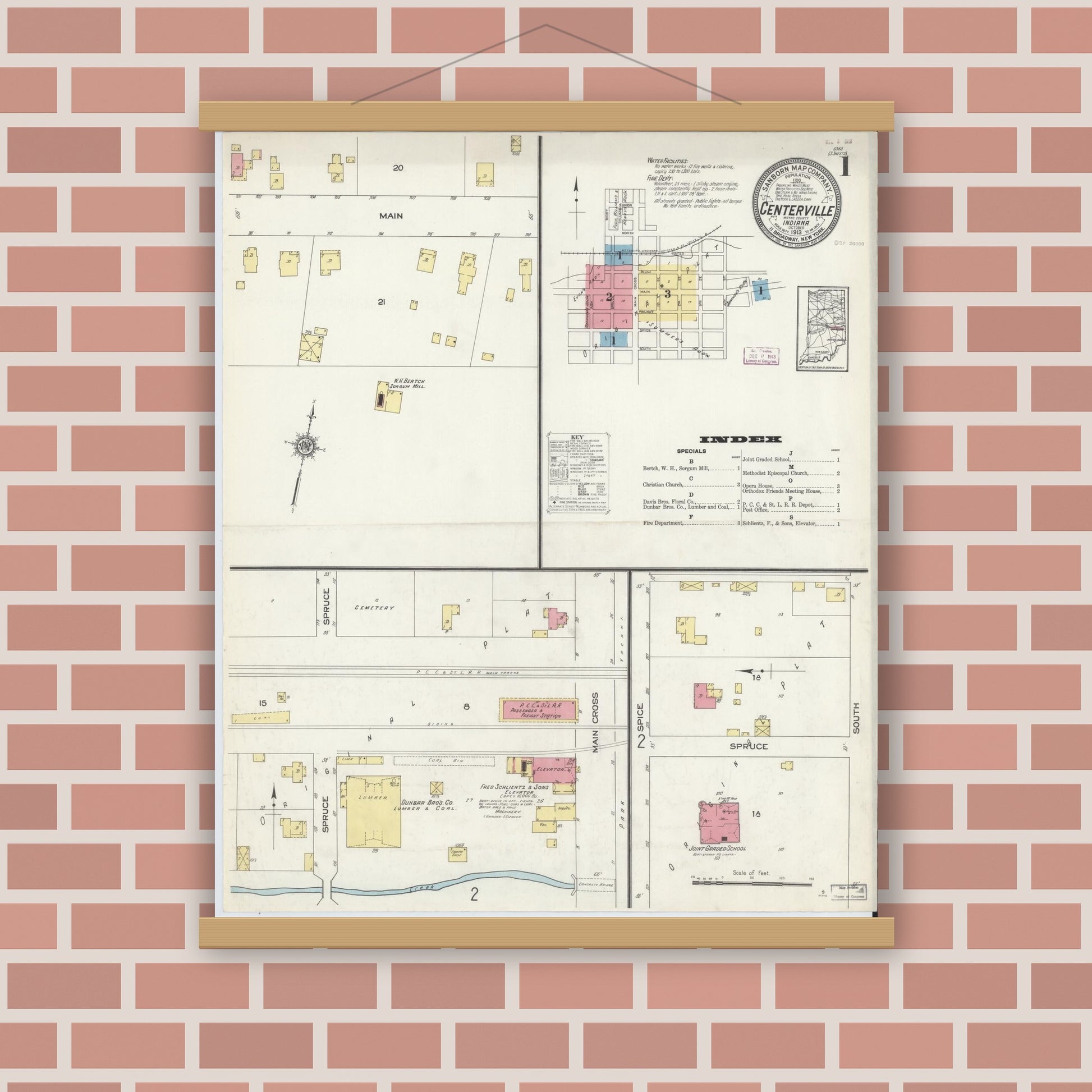 Old map wall art mockup — magnetic wood frame on brick wall — Sanborn Fire Insurance Map from Centerville, Wayne County, Indiana (1913) - Complete Map Set