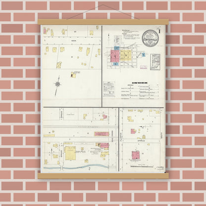 Old map wall art mockup — magnetic wood frame on brick wall — Sanborn Fire Insurance Map from Centerville, Wayne County, Indiana (1913) - Complete Map Set