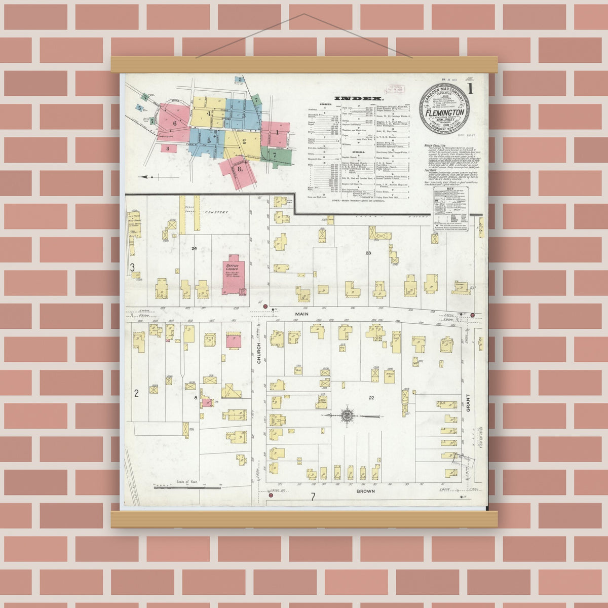 Old map wall art mockup — magnetic wood frame on brick wall — Sanborn Fire Insurance Map from Flemington, Hunterdon County, New Jersey (1910) - Complete Map Set
