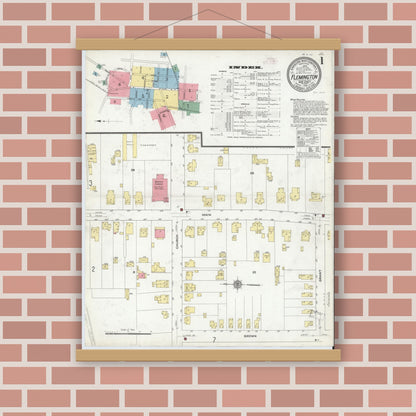 Old map wall art mockup — magnetic wood frame on brick wall — Sanborn Fire Insurance Map from Flemington, Hunterdon County, New Jersey (1910) - Complete Map Set