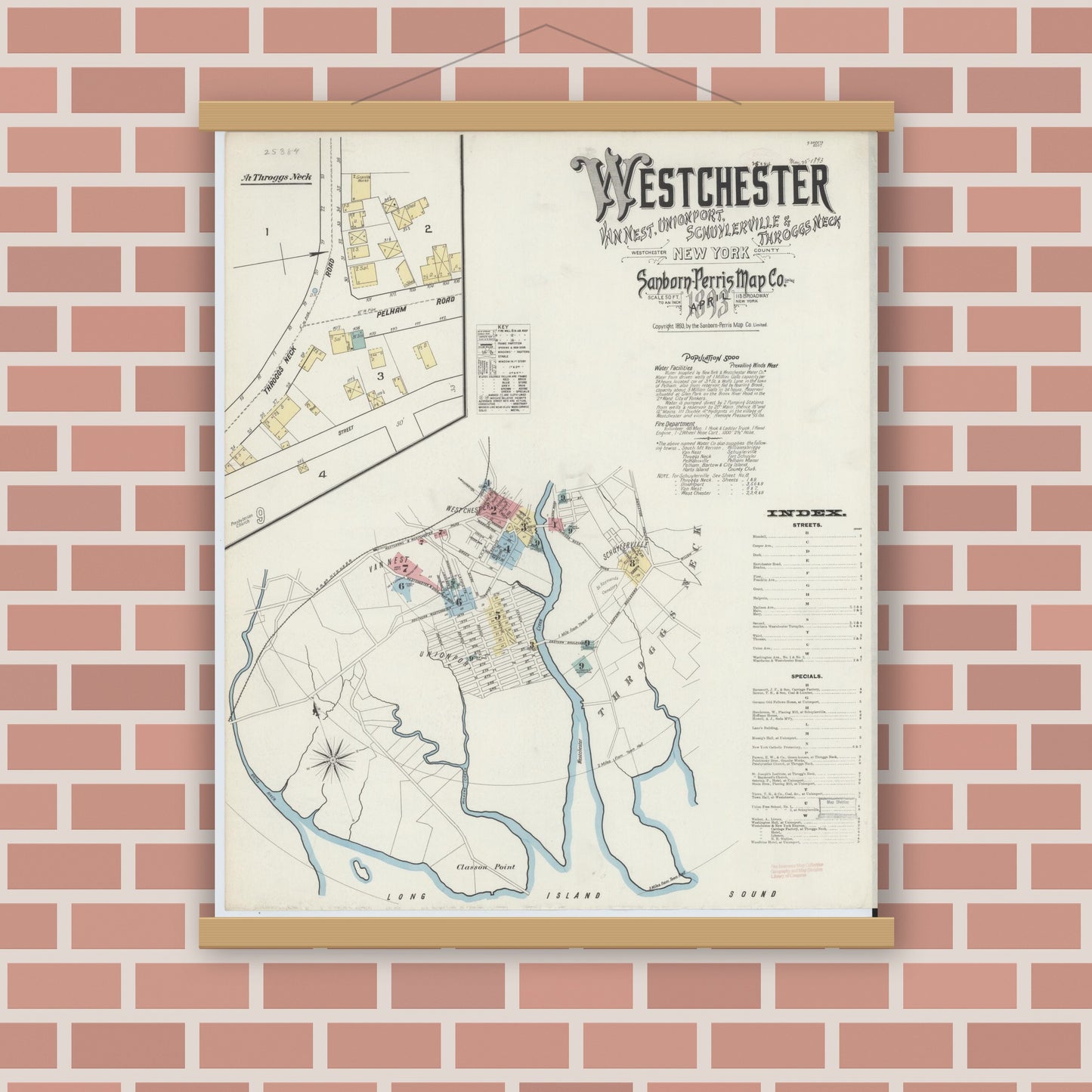 Old map wall art mockup — magnetic wood frame on brick wall — Sanborn Fire Insurance Map from Westchester, Westchester County, New York (1893), Sheet #0001