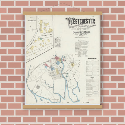 Old map wall art mockup — magnetic wood frame on brick wall — Sanborn Fire Insurance Map from Westchester, Westchester County, New York (1893), Sheet #0001