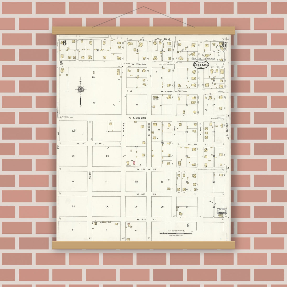 Old map wall art mockup — magnetic wood frame on brick wall — Sanborn Fire Insurance Map from Coleman, Coleman County, Texas (1923), Sheet #0006