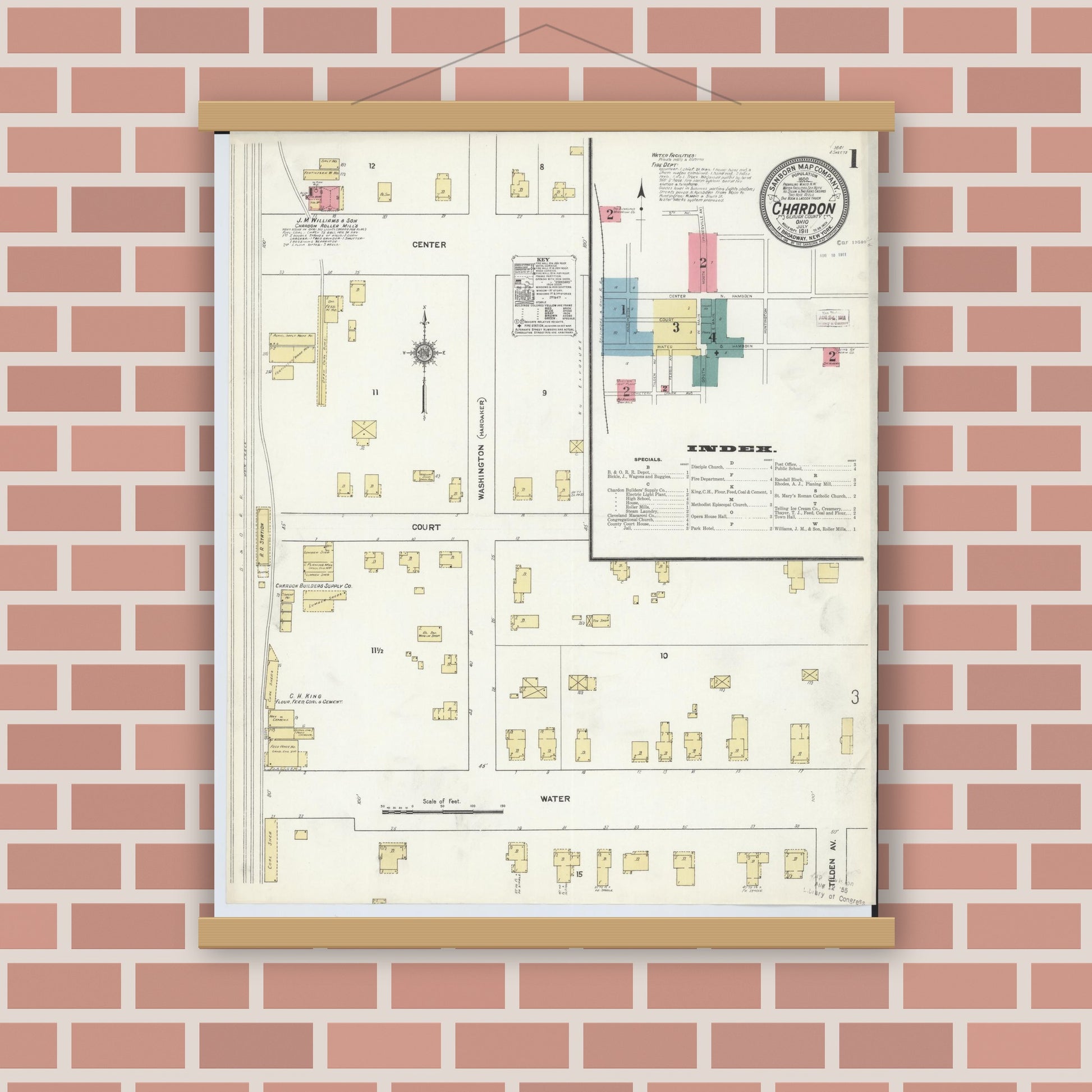 Old map wall art mockup — magnetic wood frame on brick wall — Sanborn Fire Insurance Map from Chardon, Geauga County, Ohio (1911) - Complete Map Set