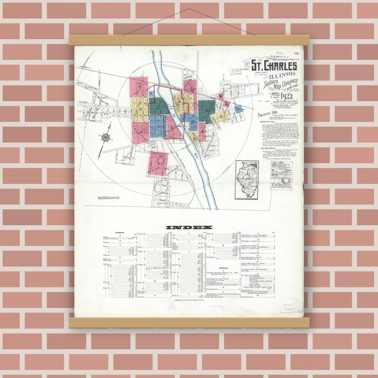 Old map wall art mockup — magnetic wood frame on brick wall — Sanborn Fire Insurance Map from Saint Charles, Kane County, Illinois (1923) - Complete Map Set